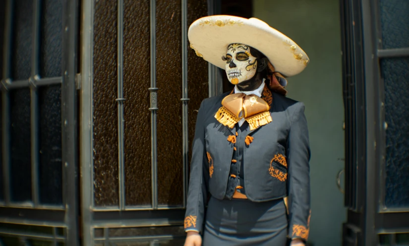 a mexican woman with a skull mask and sombrero