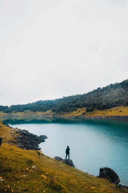 a person standing at the edge of a lake on top of a grass covered hill