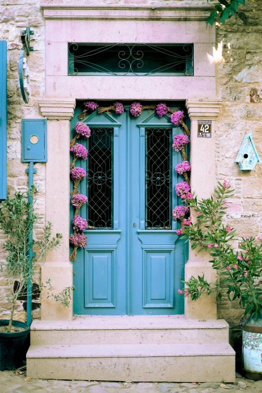 blue front door and step outside a building