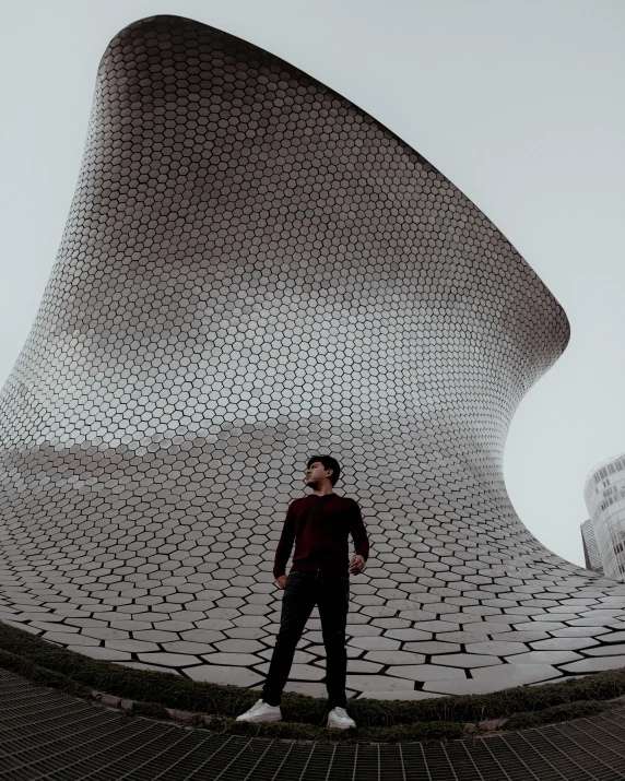 a person standing by a sculpture in the sky