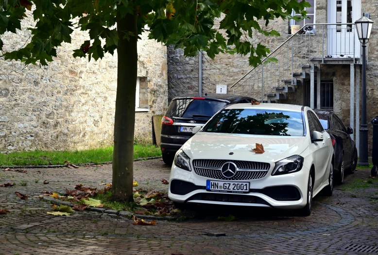 there is a white mercedes benz on the curb