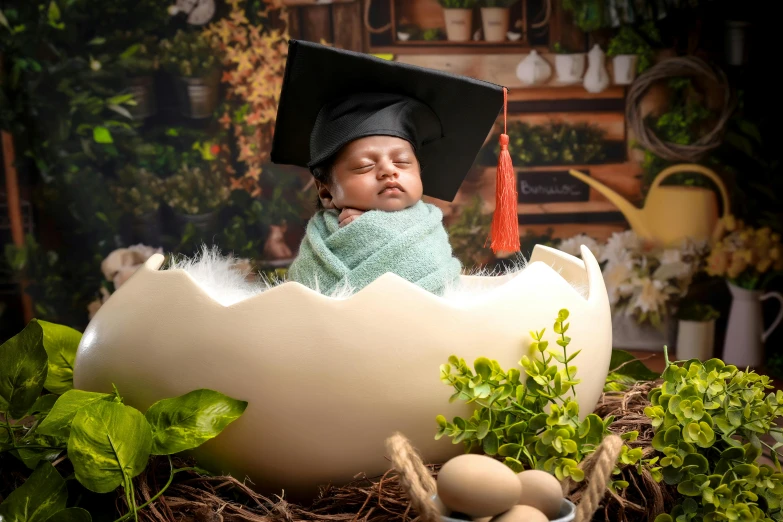 a baby is dressed in an egg shell with a graduation cap