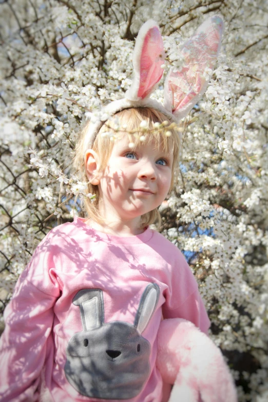 there is a young child wearing a bunny costume