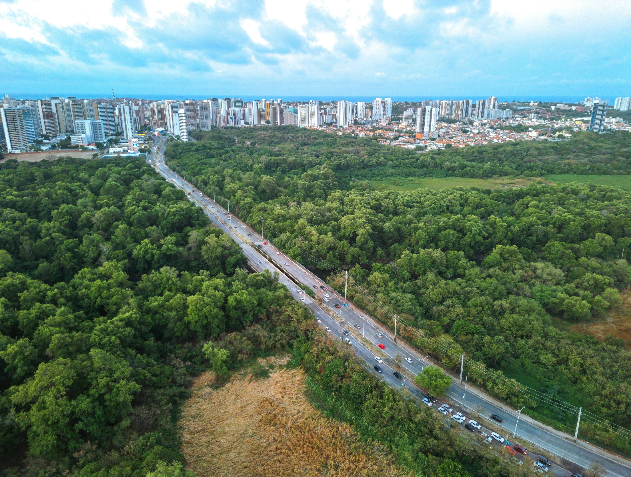 an overhead view of highway and high rise skyline