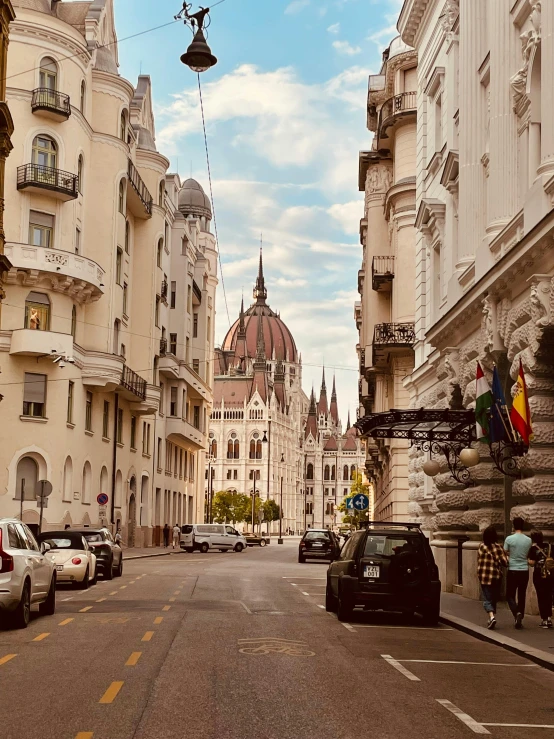 a city street lined with large buildings