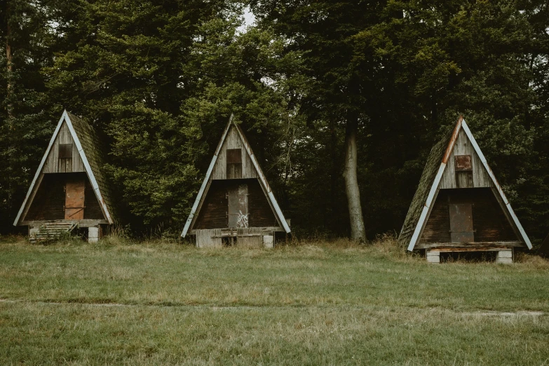 three triangular structures in the grass and trees