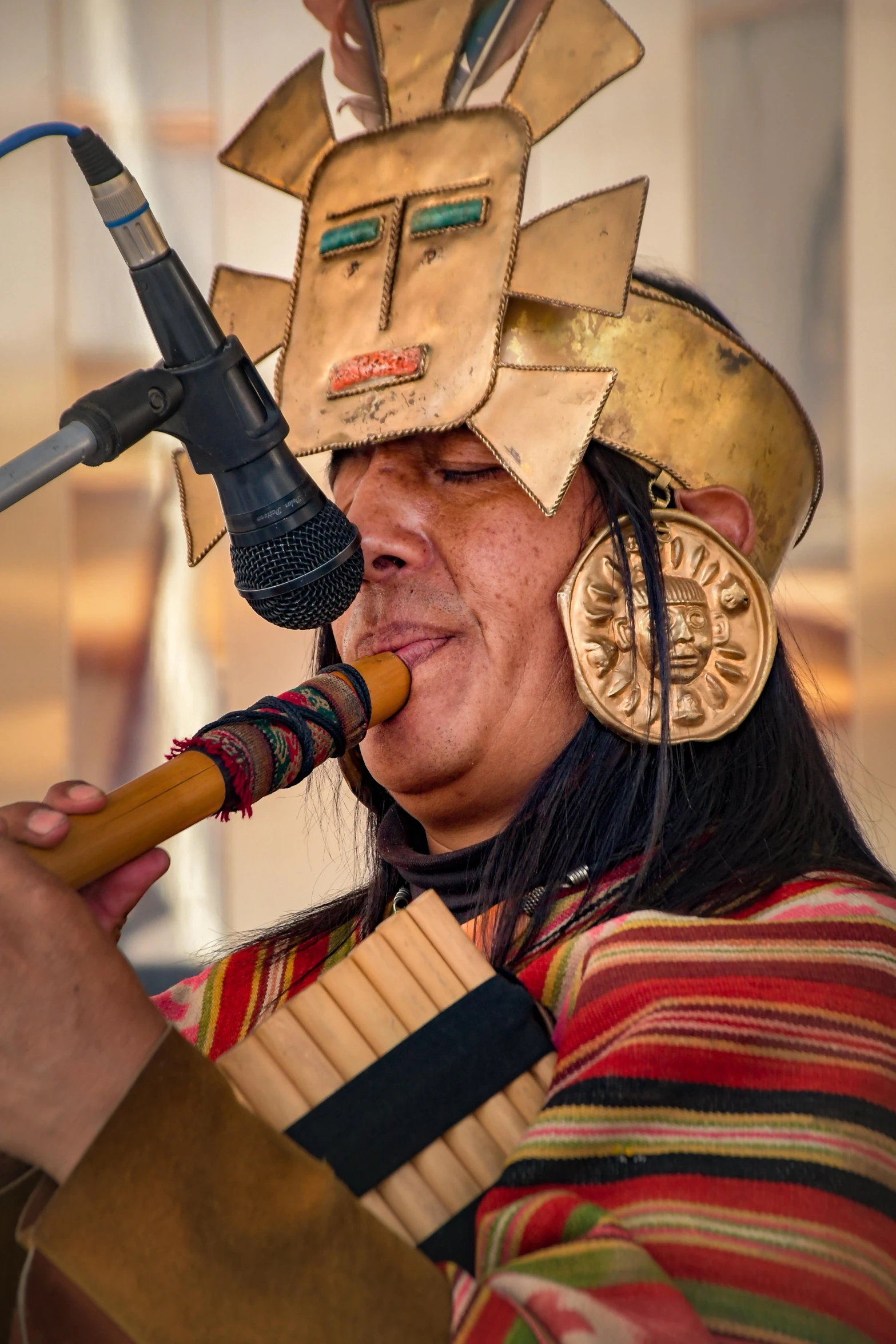 a woman wearing a long horned head dress with big metal plates on her head