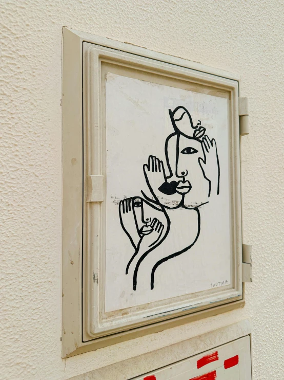 a drawing above a window in the wall