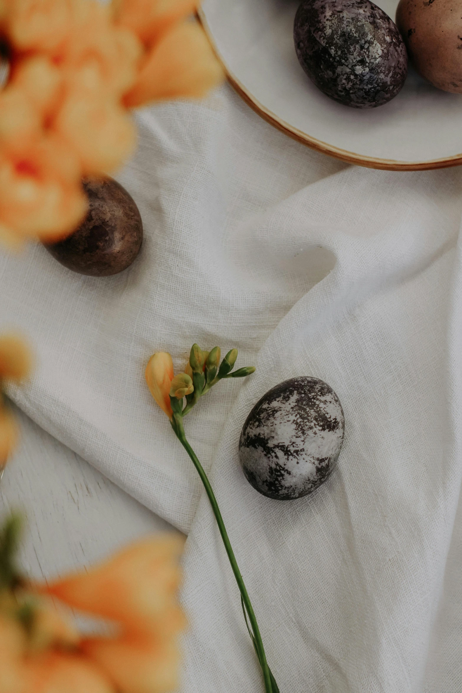 two white plates with rocks are near some yellow flowers