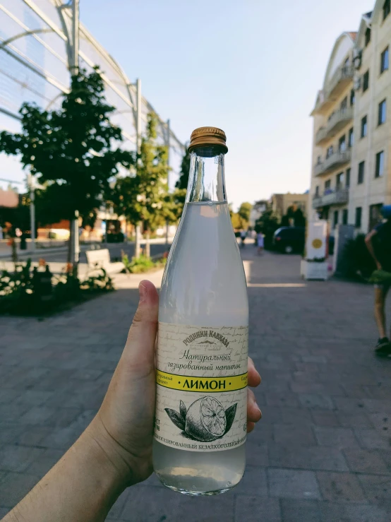 hand holding up glass bottle with label in street