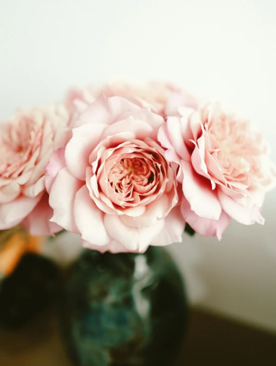 the vase is holding two pink flowers and sits on a table