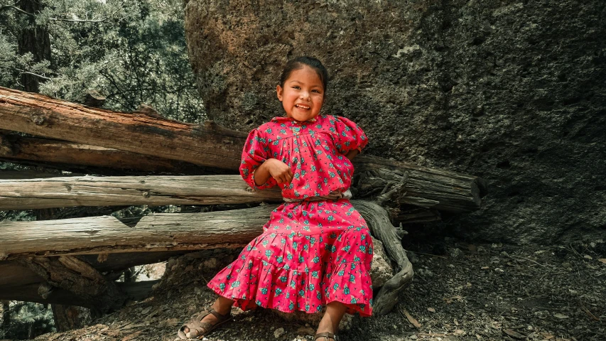 a small girl sitting by logs wearing a red dress