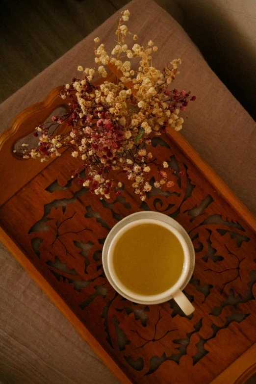 a close up of a cup of tea on a tray