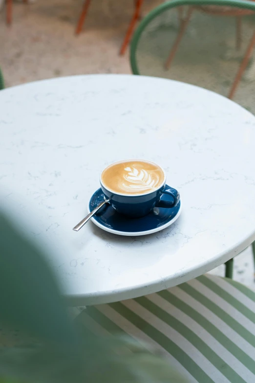 a cappuccino sits atop a small white tabletop