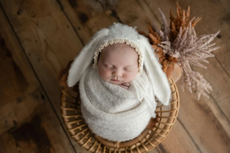 a baby in a bunny suit and hat sleeping in a basket