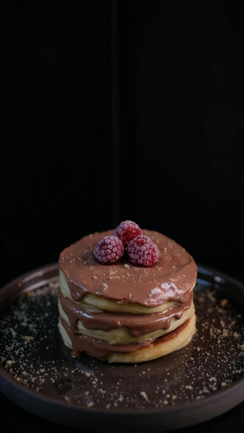 a chocolate covered desert with strawberries on top