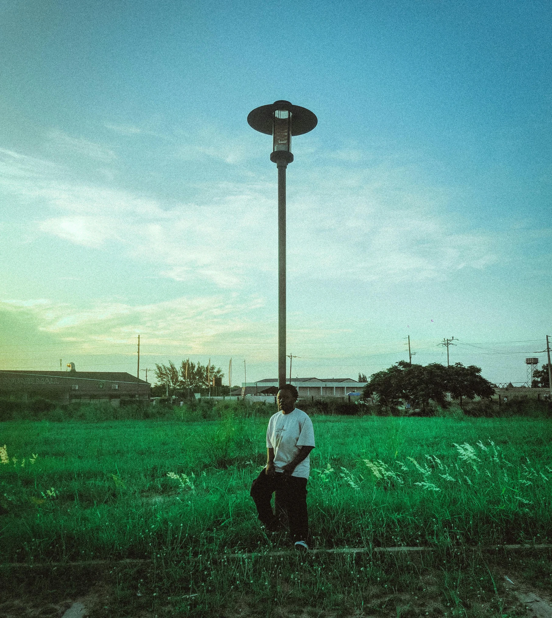 a man standing under a street light in a field