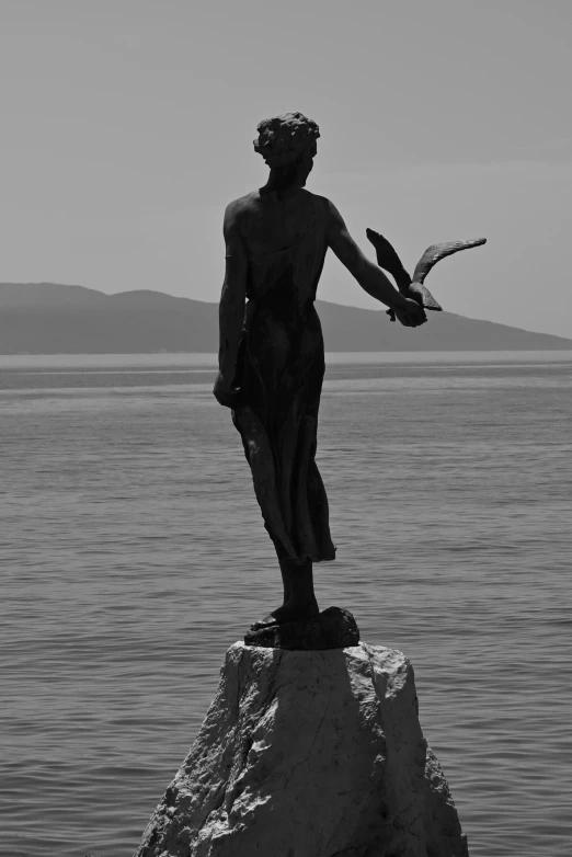 a statue in front of the ocean and two birds