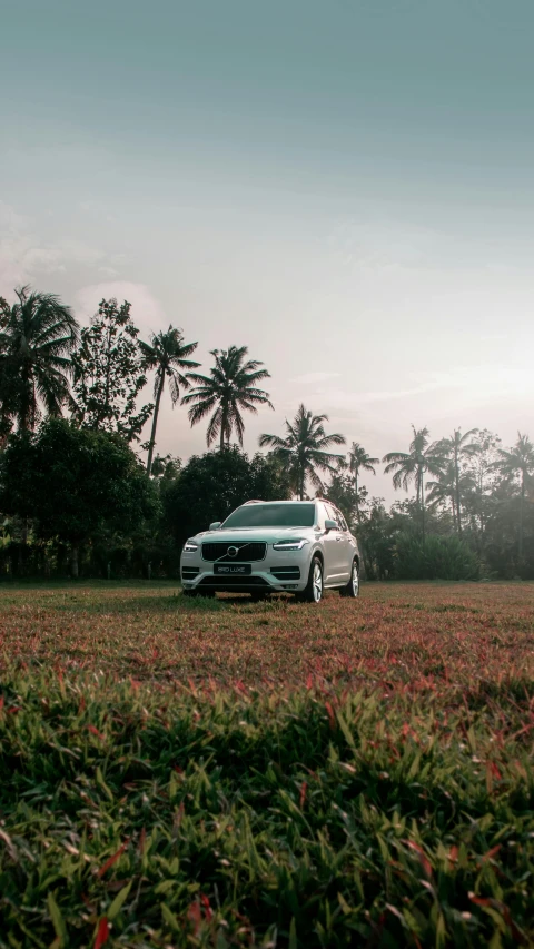 a car parked in the middle of a field with a sunset behind it