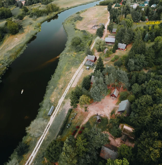 there is an aerial s of a small village and lake