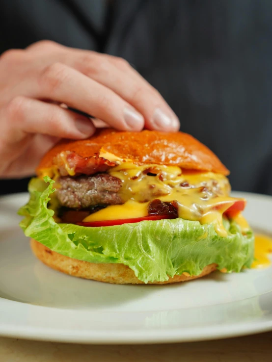 someone who is trying to eat a cheeseburger on a plate