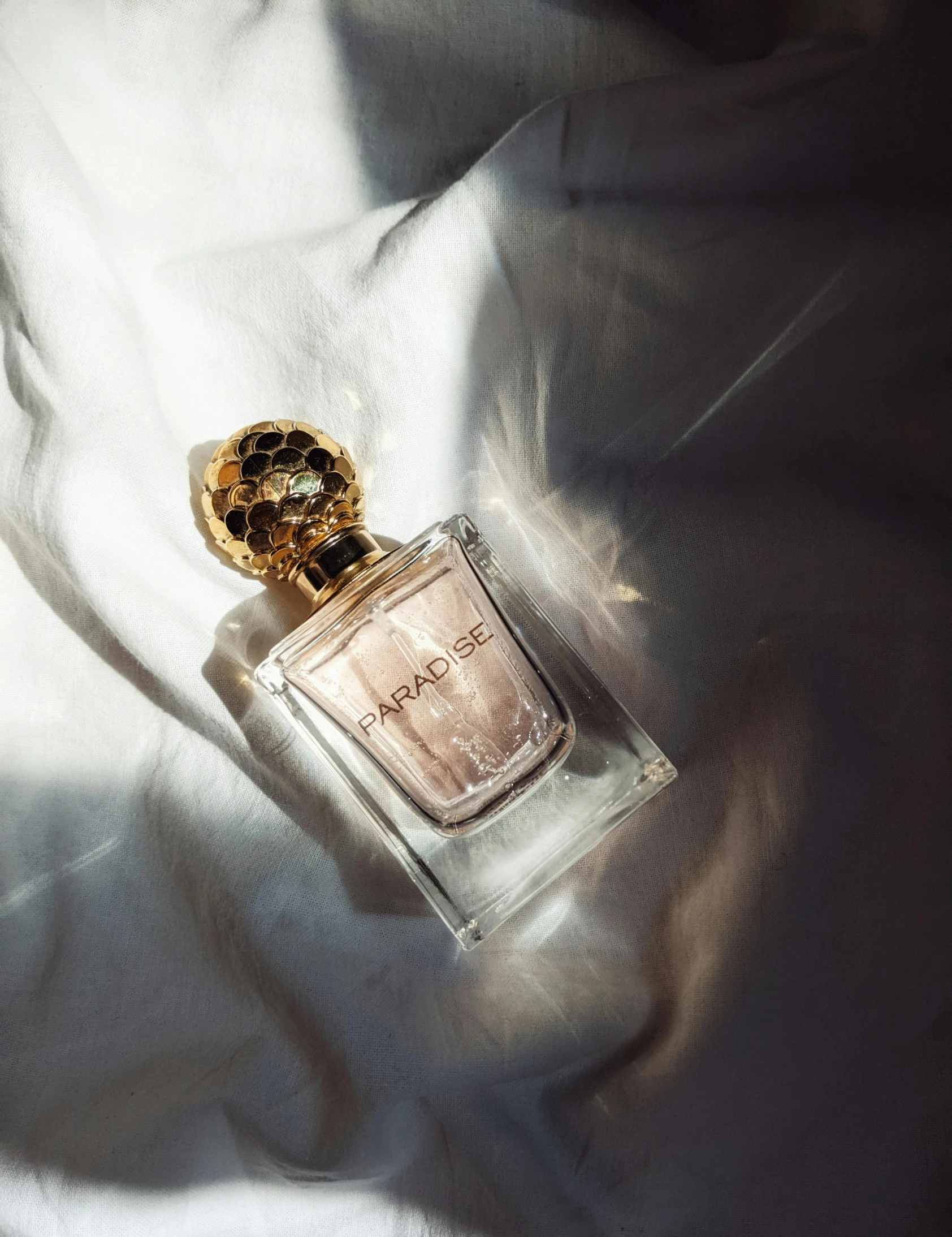 a bottle of perfume is seen in the sunlight