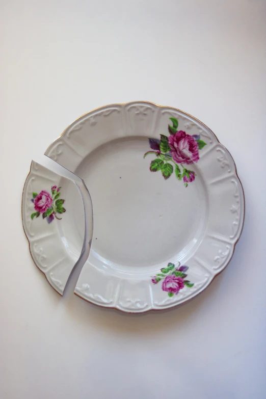 an antique white plate with flowers has a small  on the edge of it