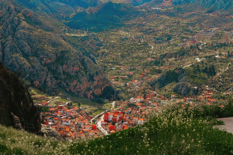 a valley with many small houses on it