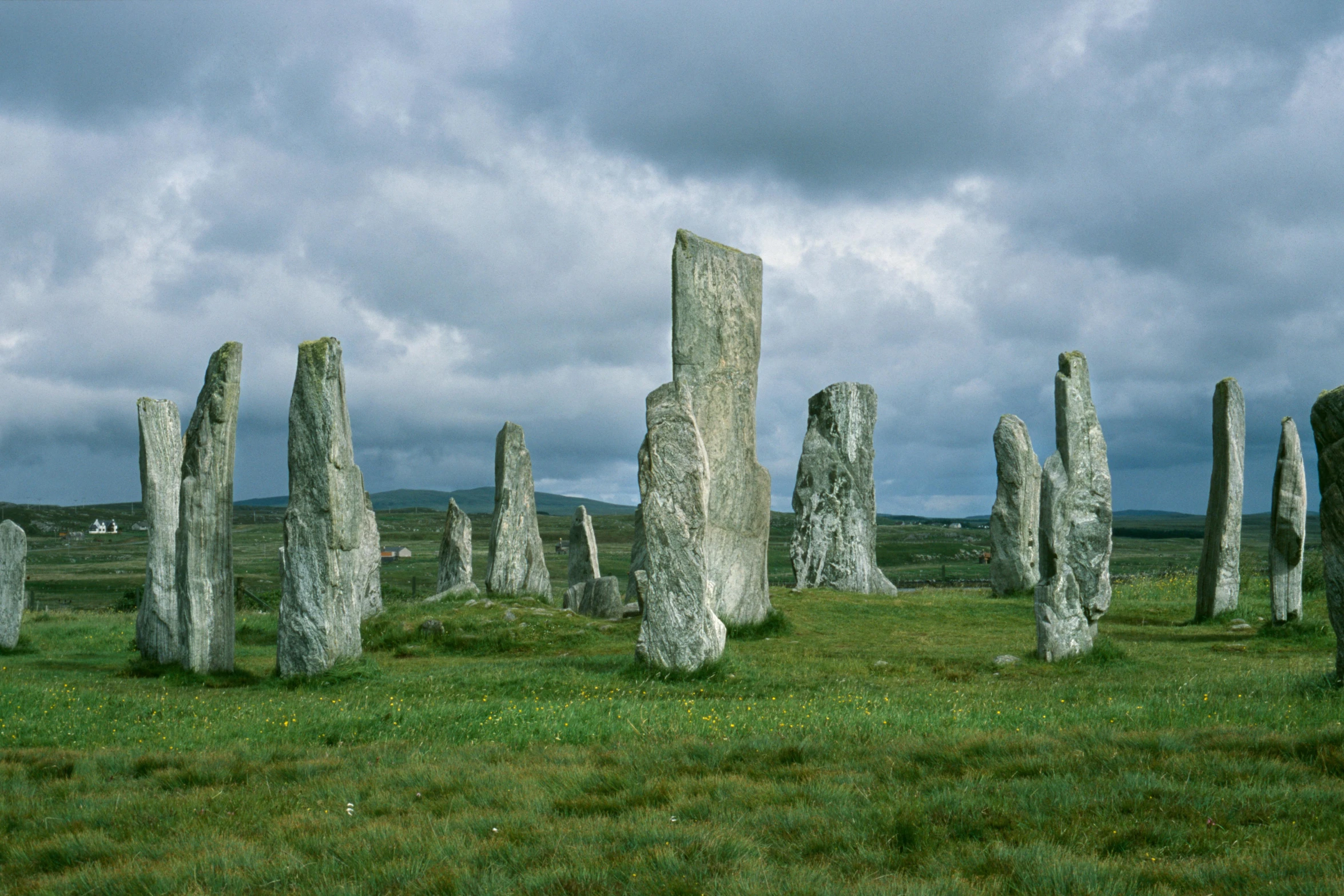 a group of standing stones in the middle of a grassy field