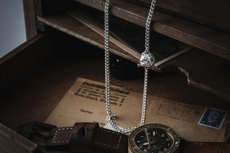 a watch and a chain hanging from a case