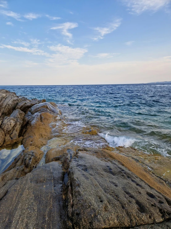 a bird sits on a rocky coastline near the ocean