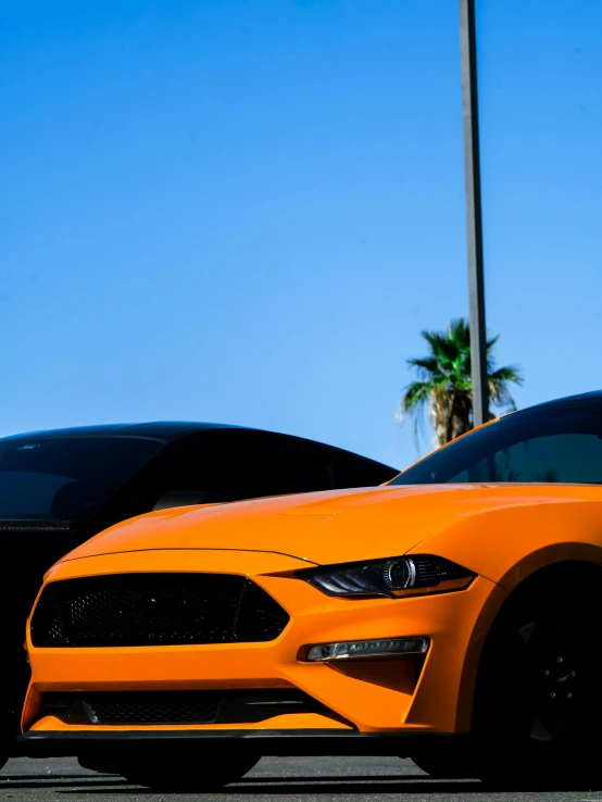 an orange and black mustang mustang on the pavement