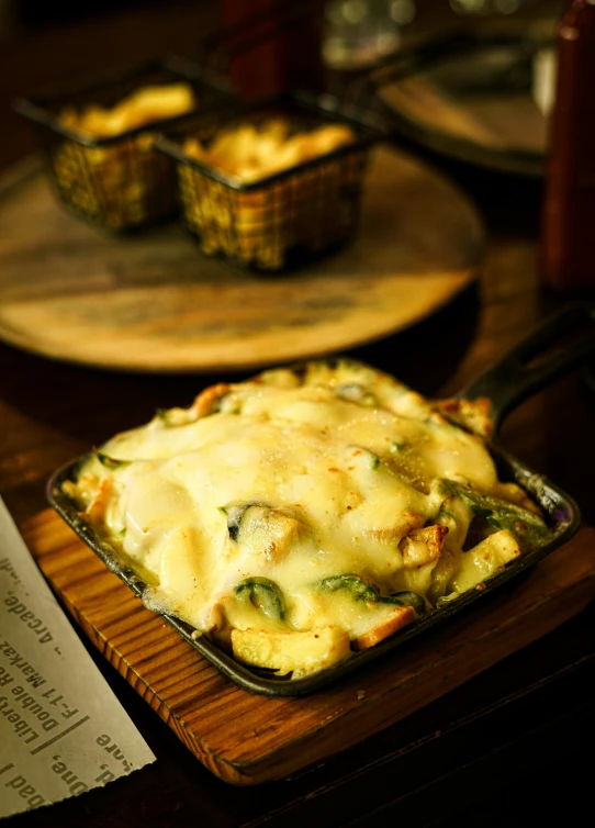 a plate of food on a  board