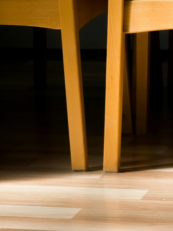 there is a cat standing under two wooden chairs