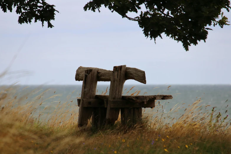 an old, wooden bench sits on the grass next to the ocean