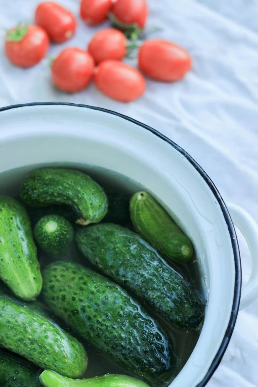 cucumbers sit in a pot with tomatoes on the side