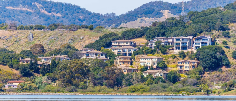 houses on the hill with a lake below them