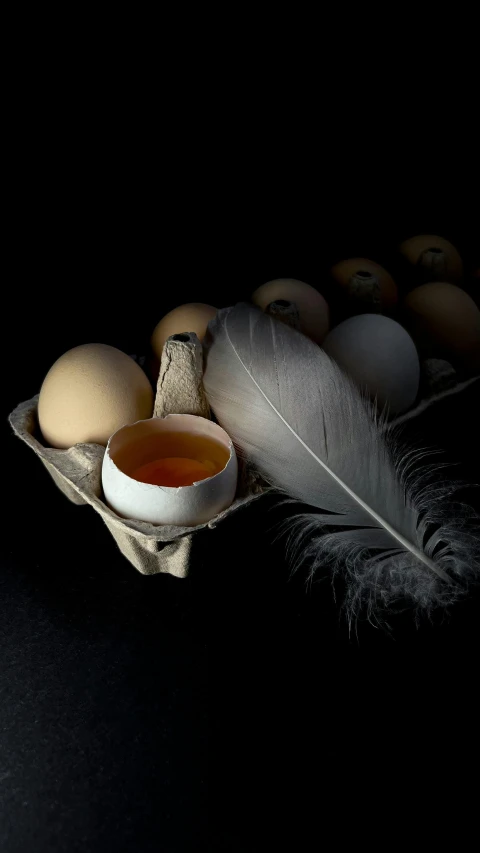 a bowl filled with orange and a feather next to some eggs