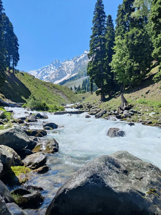 a stream running down a valley by rocks