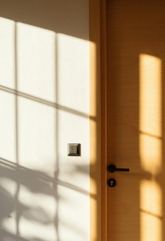 a door in front of windows casting a shadow on the wall