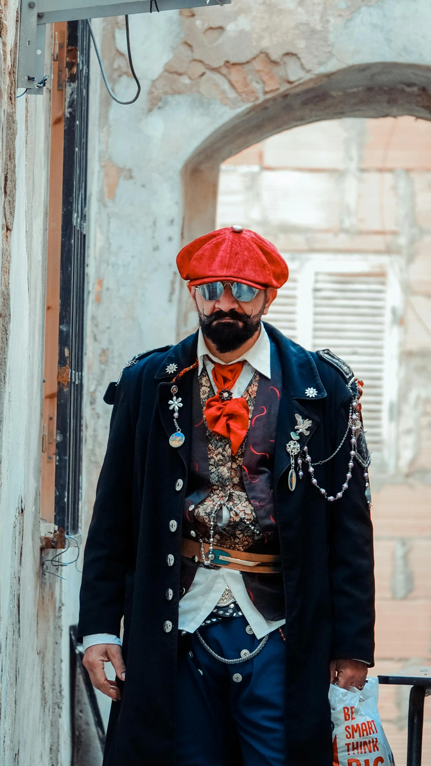 a man dressed up for a costume party in a castle