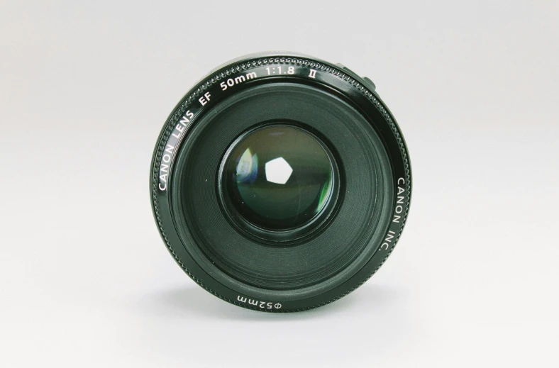 a camera lens sits on a white background