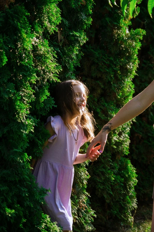 a small girl reaches out for a large giraffe