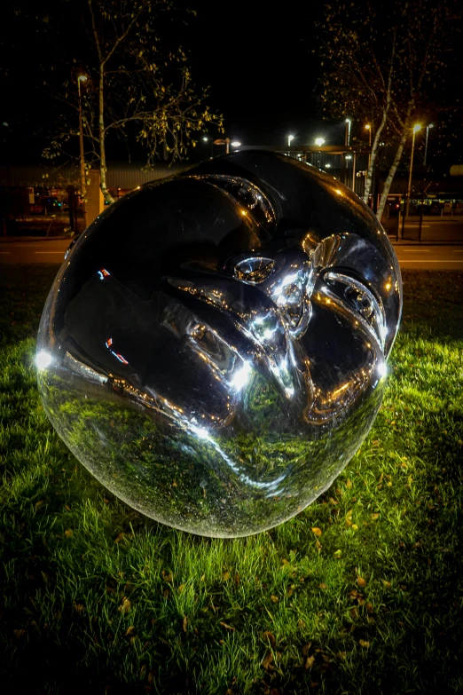 a large black object with silver details in some grass