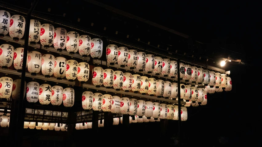 lighted asian lanterns hanging in a dark room