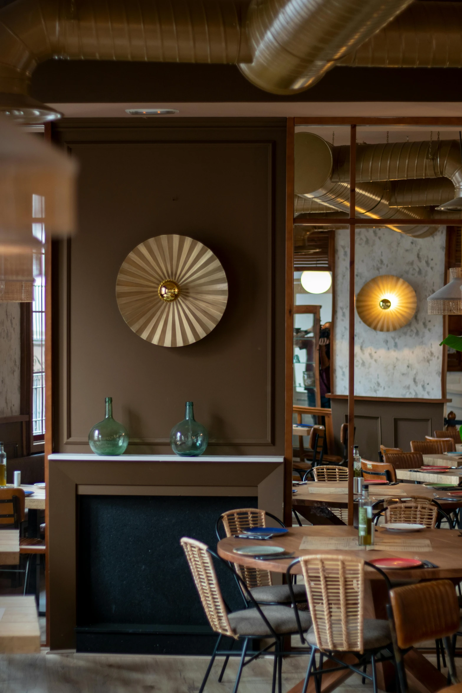 an empty restaurant with chairs and tables set