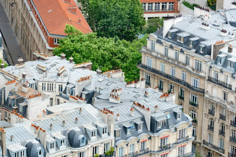 an aerial view of several buildings in a city