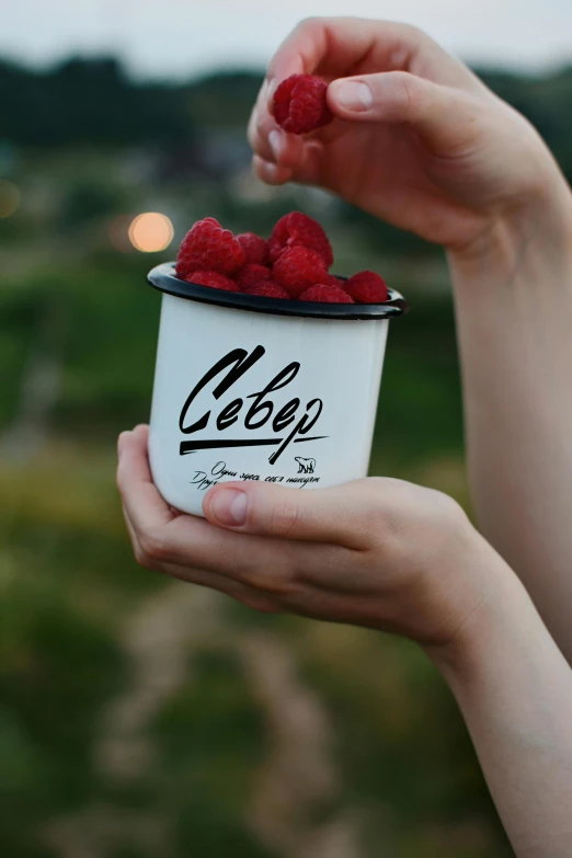 woman holding bowl with raspberries in it while outdoors