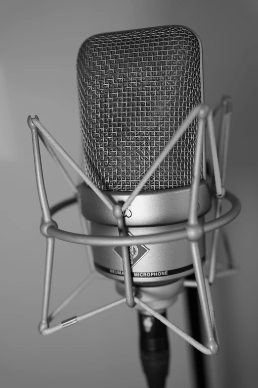 a microphone with silver wire covers hanging off the wall