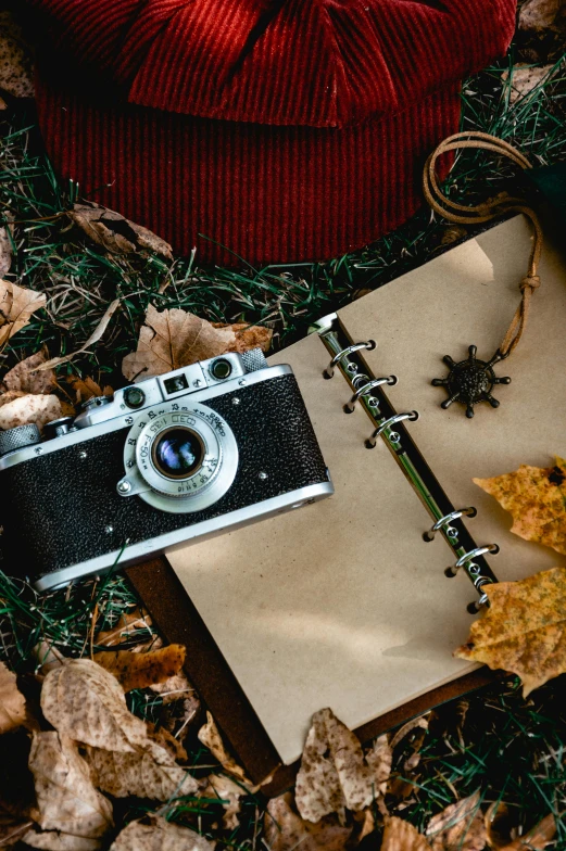 a camera with a notebook on the ground next to some leaves
